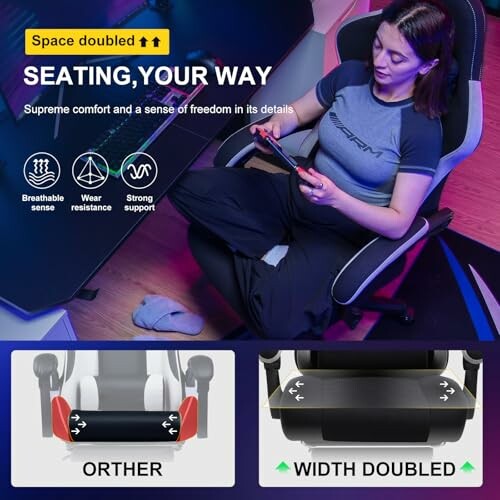 Woman sitting in a gaming chair, showing features like breathable material, wear resistance, and strong support.