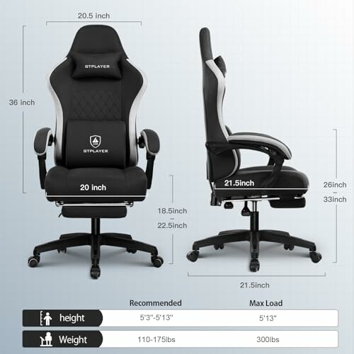 Gaming chair dimensions and specifications.