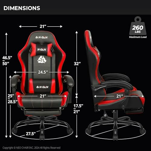 Gaming chair with dimensions and maximum load capacity.