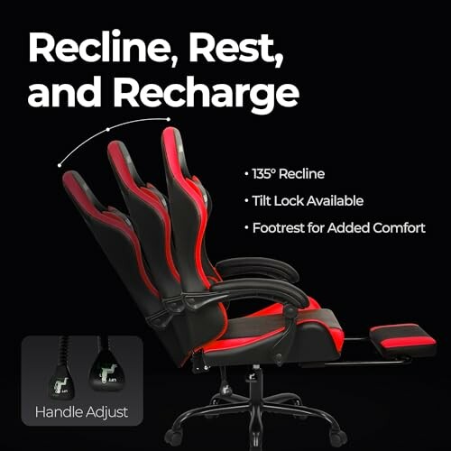 Gaming chair with recline, tilt lock, and footrest features.