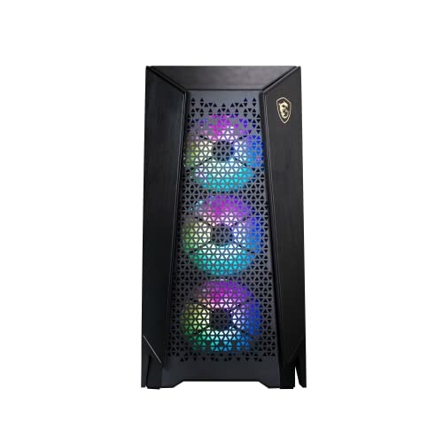 Front view of a gaming PC case with RGB fans