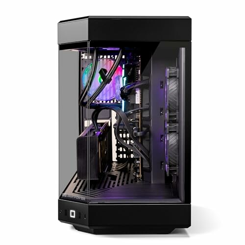 Gaming PC case with RGB lighting and visible components.