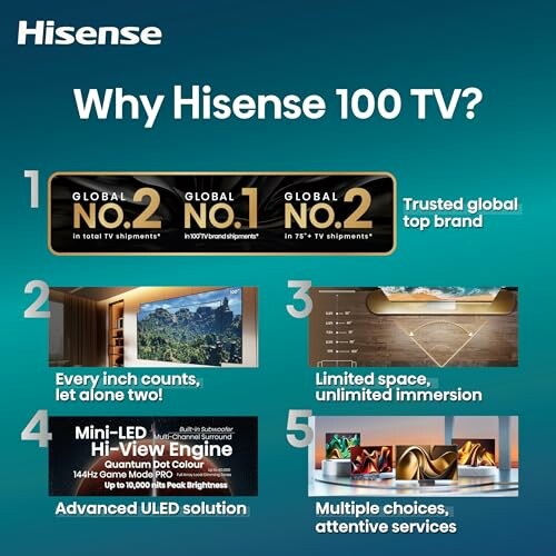 Hisense 100 TV benefits including trusted brand, immersive experience, and advanced technology.