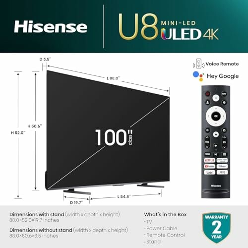 Hisense 100 TV dimensions and remote control.