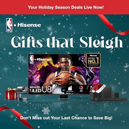 Holiday season deals on Hisense TV with gifts and festive decor.