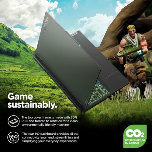 Lenovo gaming laptop with sustainability features and a gamer in a scenic landscape.