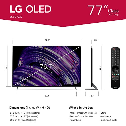 LG OLED 77-inch TV dimensions and included accessories.