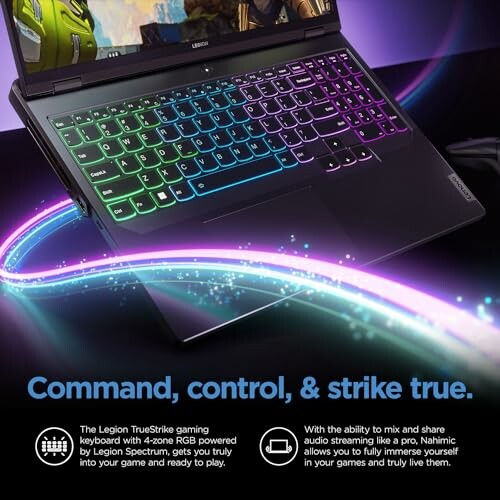 RGB gaming laptop keyboard with colorful lighting.