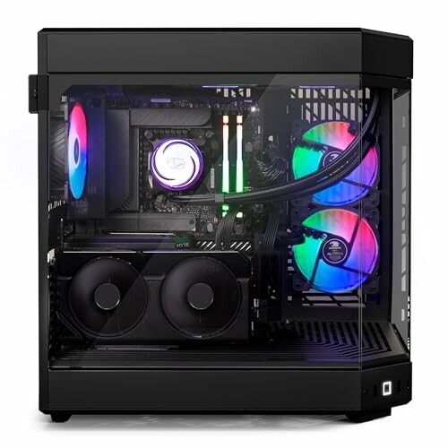 A gaming PC case with RGB lighting and transparent side panel.