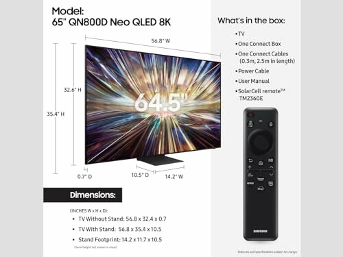 Samsung QN800D Neo QLED 8K TV with dimensions and box contents.